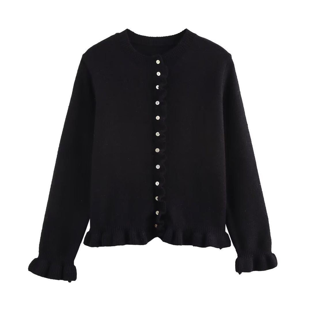 Damen Strickjacke mit dekorativem Rüschensaum und Knopfverschluss EB