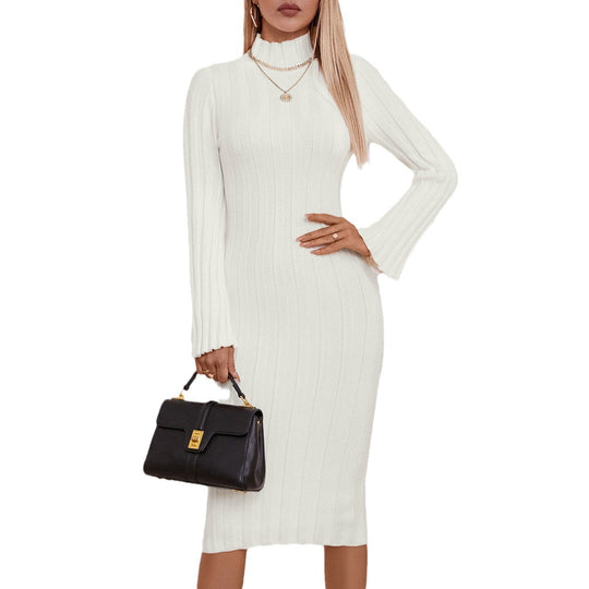 Damen elegantes Strickkleid mit hohem Kragen und Rippenstruktur EB