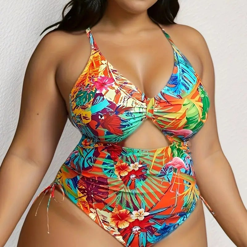 Damen Einteiliger Badeanzug mit exotischem Schnitt und buntem Tropen-Design EB