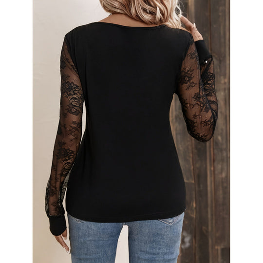 Damen Elegantes Oberteil mit transparenten Spitzenärmeln und tiefem V-Ausschnitt EB