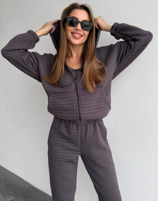 Damen Gestepptes Loungewear-Set mit Reißverschluss-Kapuzenjacke, Cropped Bustier und hochtaillierter Jogginghose EB