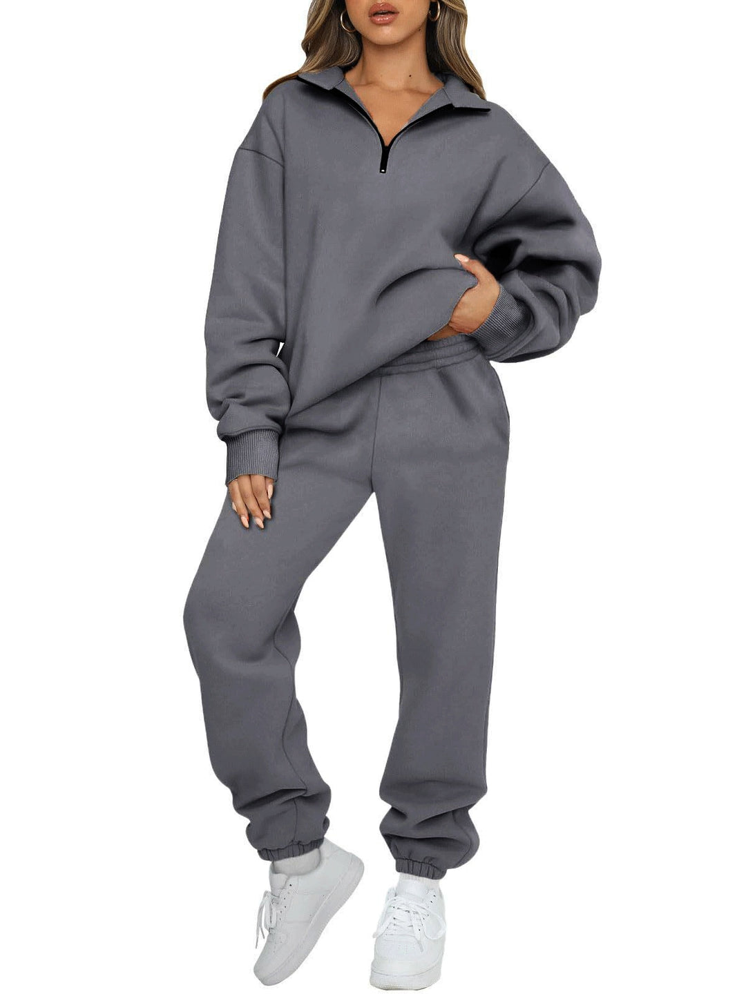 Damen nan lässiges Halbzip-Lounge-Set mit oversized Sweatshirt und taillenhoher Jogginghose EB