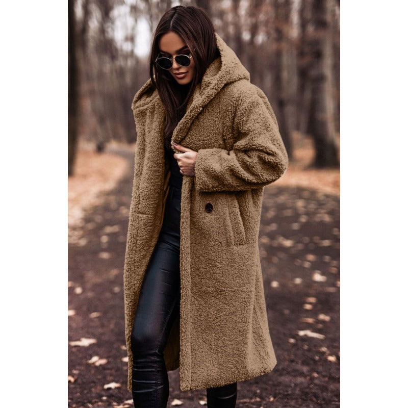 Damen kuscheliger Fleece-Mantel mit Kapuze und praktischen Taschen EB