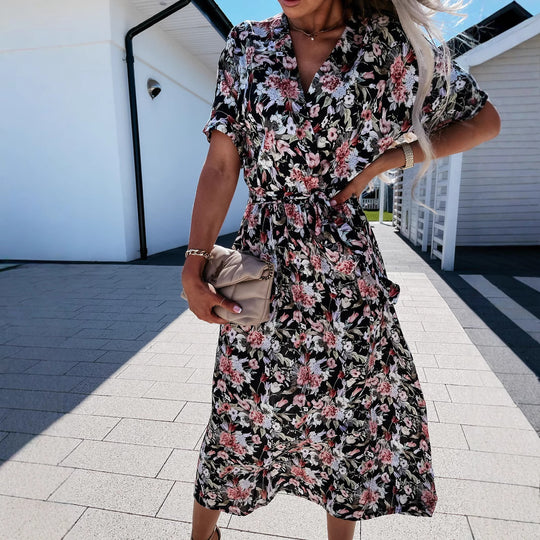 Damen Wickelkleid mit floralem Muster und Taillengürtel EB