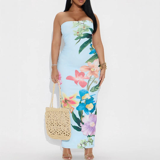 Damen Maxikleid im eleganten Bandeau-Stil mit floralem Druck EB