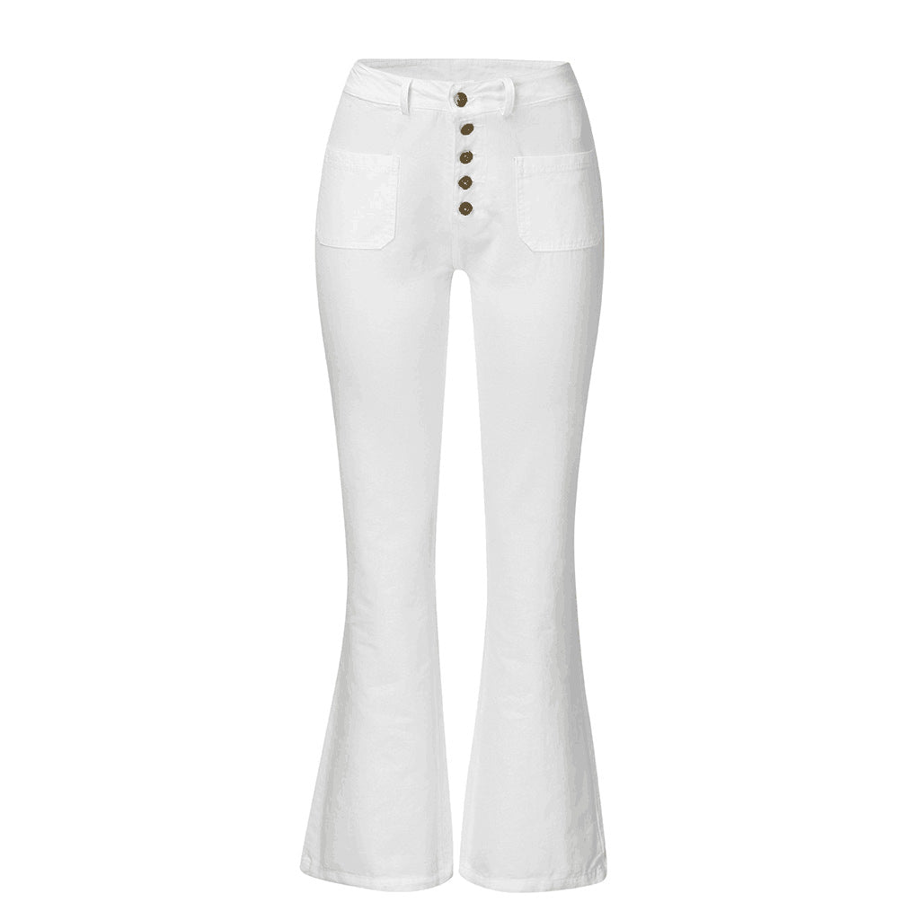 Damen nan High-Waist Schlaghose mit sichtbarer Knopfleiste und aufgesetzten Fronttaschen EB