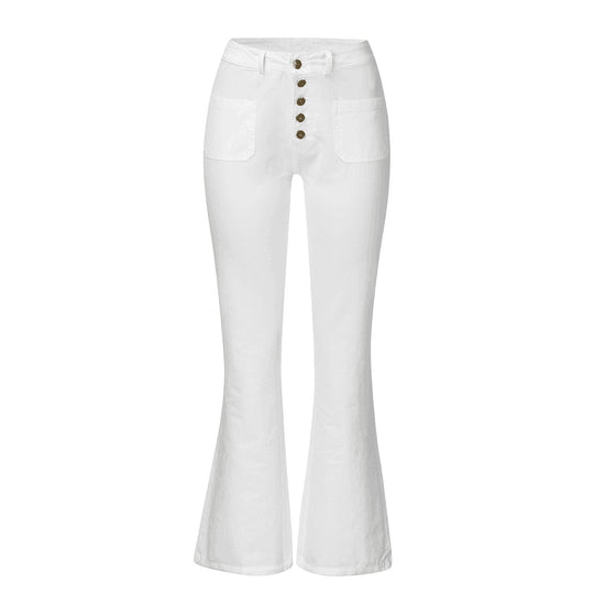 Damen nan High-Waist Schlaghose mit sichtbarer Knopfleiste und aufgesetzten Fronttaschen EB