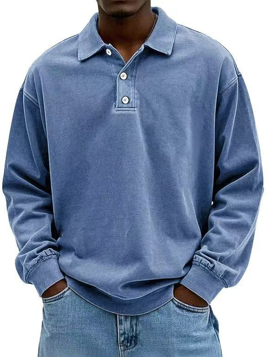 Herren nan lässiges Poloshirt-Sweatshirt mit Kragen, Vintage-Waschung und dreiteiliger Knopfleiste EB