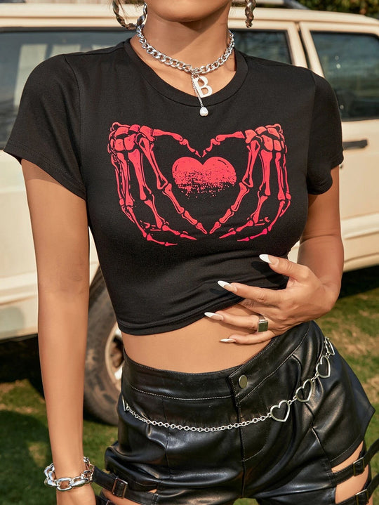 Damen Crop-Top mit kreativem Skeletthand-Motiv EB