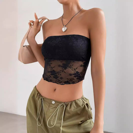 Damen transparente Crop-Top mit floralen Details EB