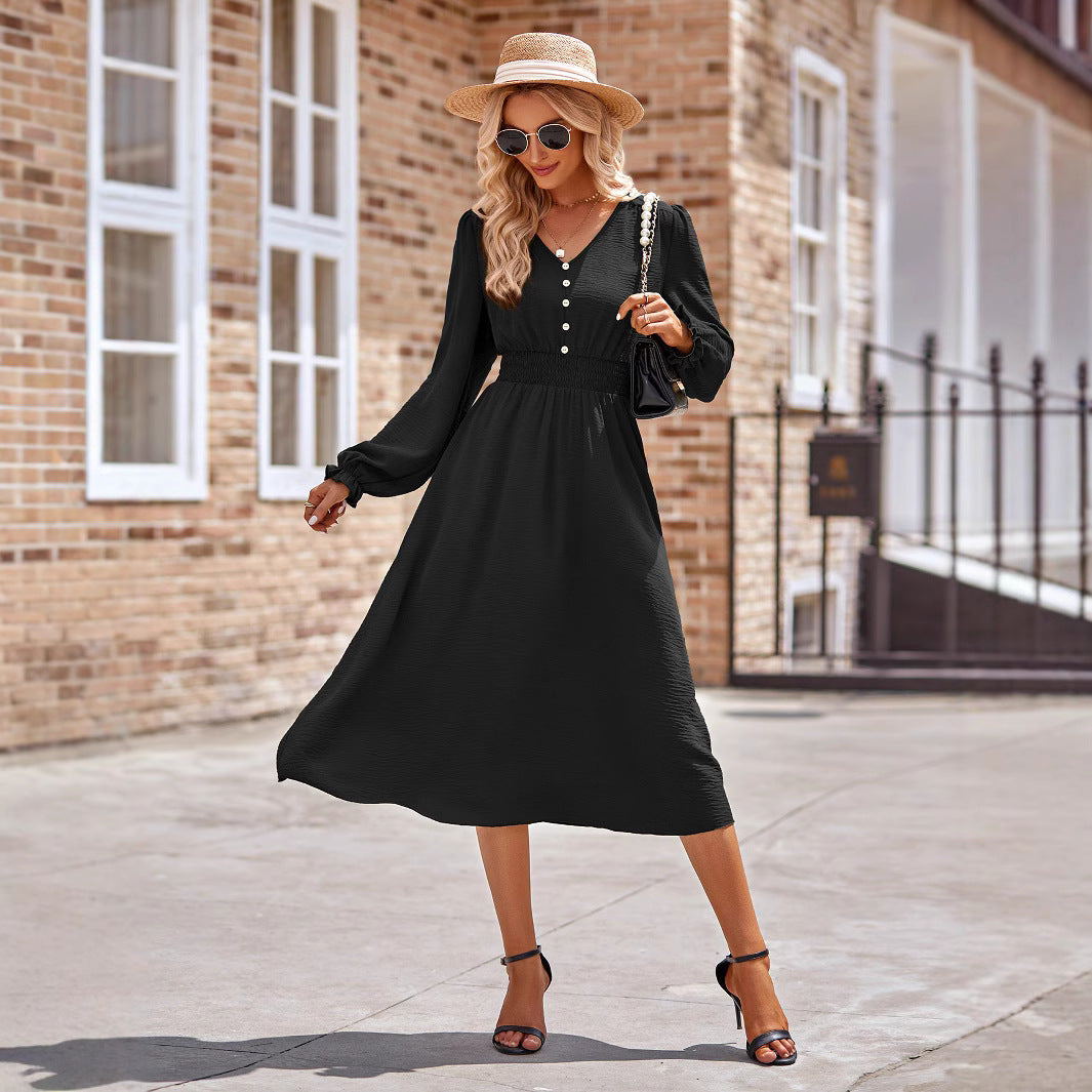 Damen Midikleid mit V-Ausschnitt, geraffter Smock-Taille und Knopfleiste EB