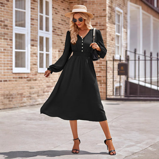 Damen Midikleid mit V-Ausschnitt, geraffter Smock-Taille und Knopfleiste EB