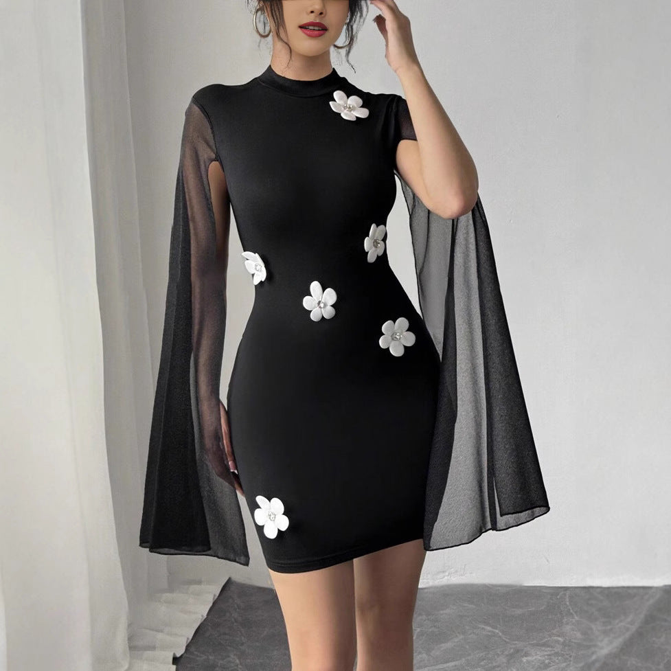 Damen figurbetontes Kleid mit transparenter Umarmung und Blumenapplikationen EB