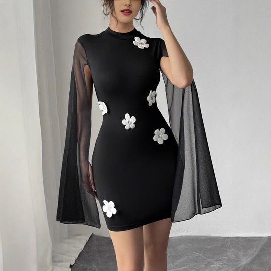 Damen figurbetontes Kleid mit transparenter Umarmung und Blumenapplikationen EB