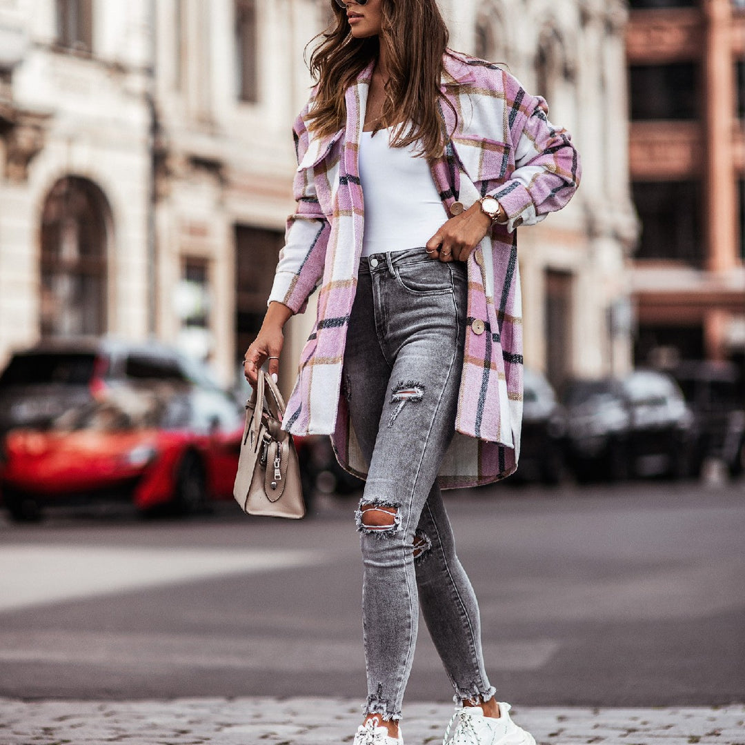 Damen Karierte Overshirt-Jacke mit praktischen Brusttaschen EB