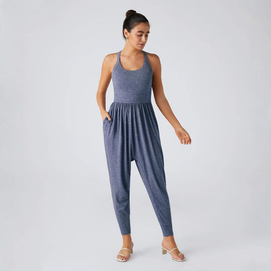 Damen nan lässiger Jersey-Overall mit Racerback, smockierter Taille und seitlichen Eingrifftaschen EB