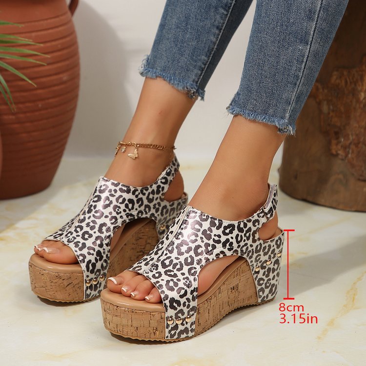 Damen Wedge-Sandalen mit Leopardenmuster und rutschfester Sohle EB
