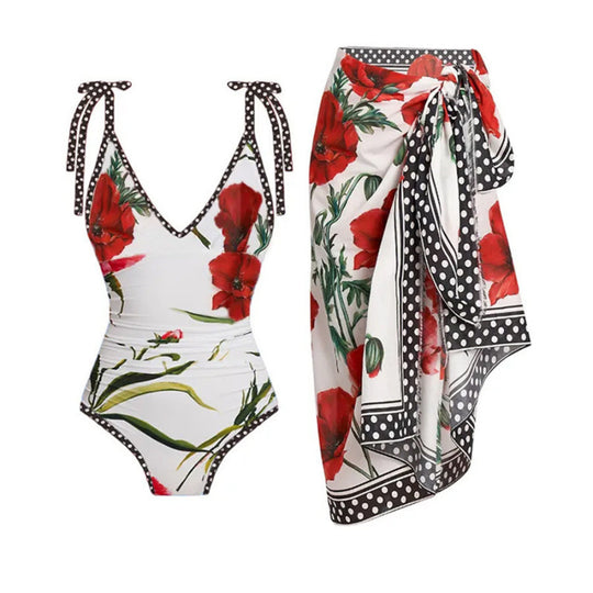 Damen Einteiler Badeanzug mit floralen Akzenten und passendem Wickelrock EB