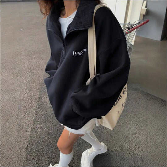 Damen Oversized Sweatshirt mit halbem Reißverschluss, hohem Stehkragen und Kängurutasche EB