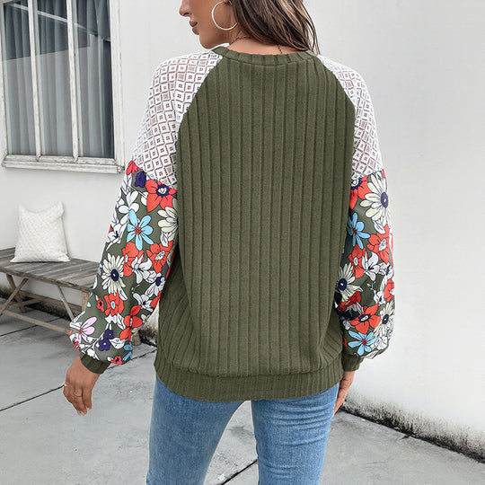 Damen modischer Pullover mit floralem Ärmel-Detail und strukturiertem Stoff EB