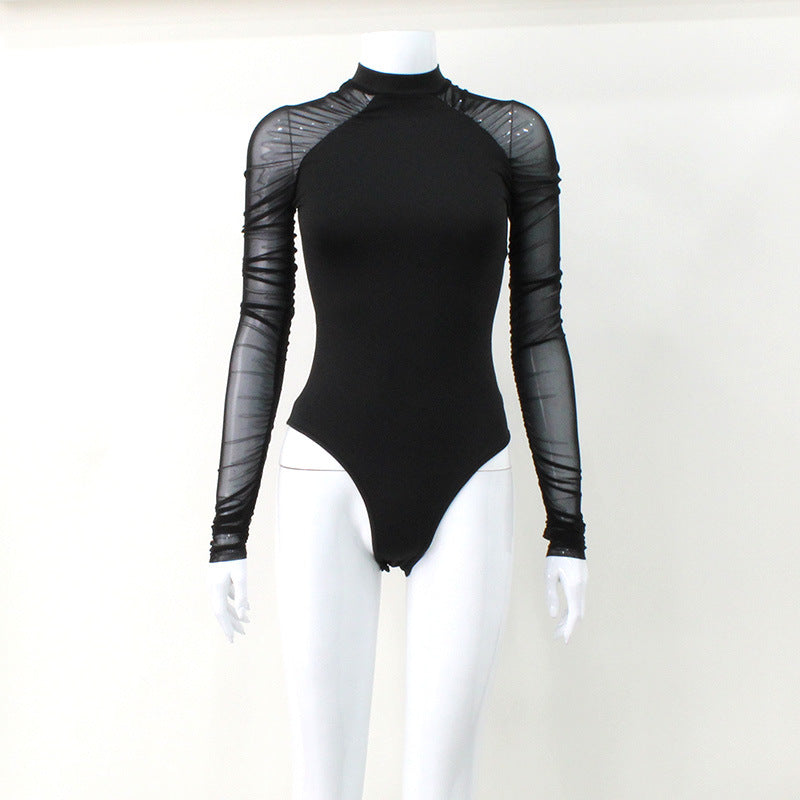 Damen Body mit transparenten Ärmeln und modernem Stehkragen EB