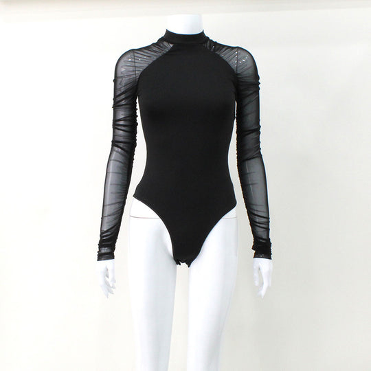 Damen Body mit transparenten Ärmeln und modernem Stehkragen EB