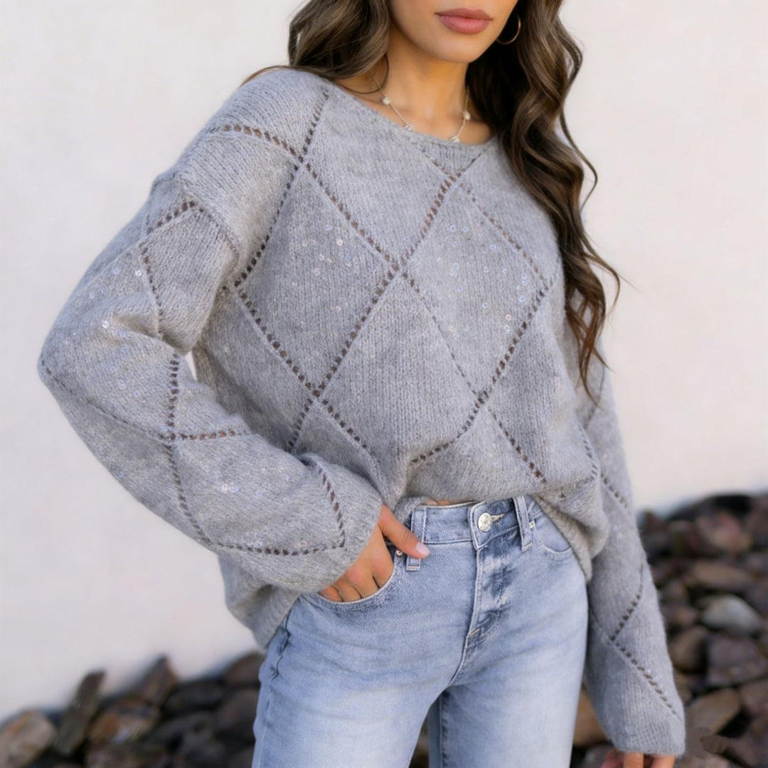 Damen Grobgestrickter Oversize-Pullover mit Ajour‑Rautenmuster und Pailletten EB