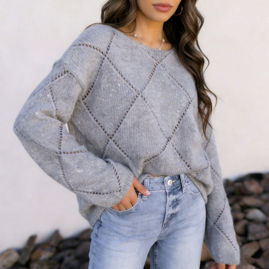 Damen Grobgestrickter Oversize-Pullover mit Ajour‑Rautenmuster und Pailletten EB