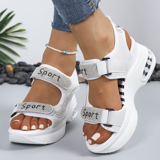 Damen Sportliche Plateausandalen mit Mesh-Obermaterial, Klettverschluss und Ziersteinen EB