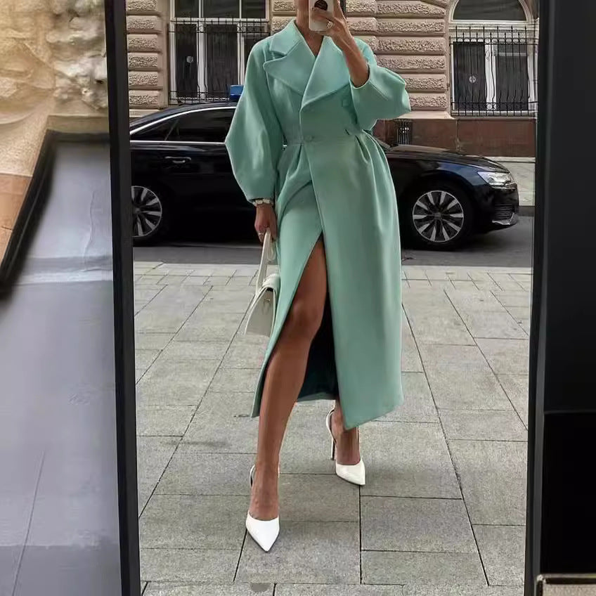 Damen Maxi-Wickelmantel mit seitlichem Schlitz und Ballonärmeln EB