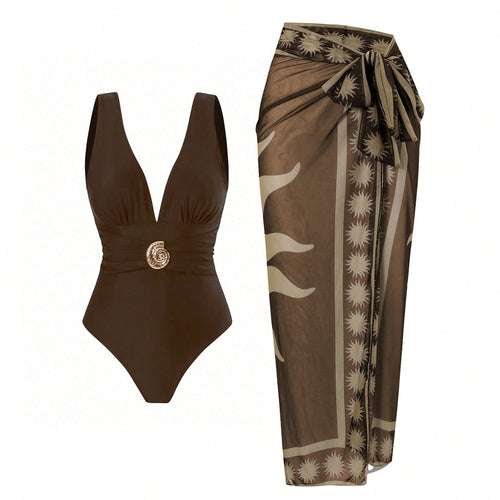 Damen Badeanzug mit femininem Wickelrock und elegantem Schmuckdetail EB