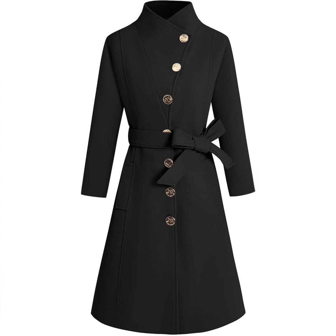 Damen eleganter Wrap-Mantel mit ausgefallenem Kragen und Gürtel EB