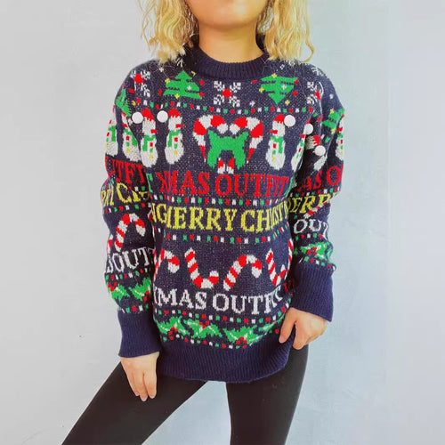 Damen weihnachtlicher Pullover mit bunten Motiven und lustigen Applikationen EB