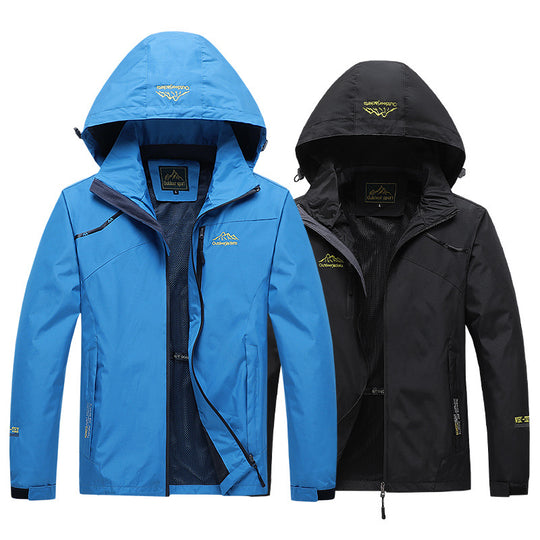 Herren atmungsaktive Softshell-Trekkingjacke mit verstaubarer Kapuze, Netzfutter und multifunktionalen Reißverschlusstaschen EB