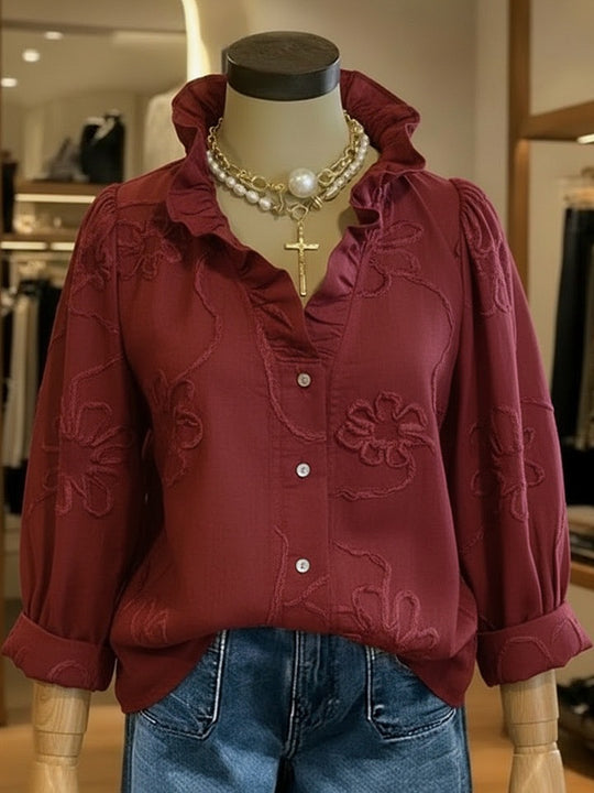 Damen elegante Bluse mit floralen Stickereien und voluminösen Ärmeln EB
