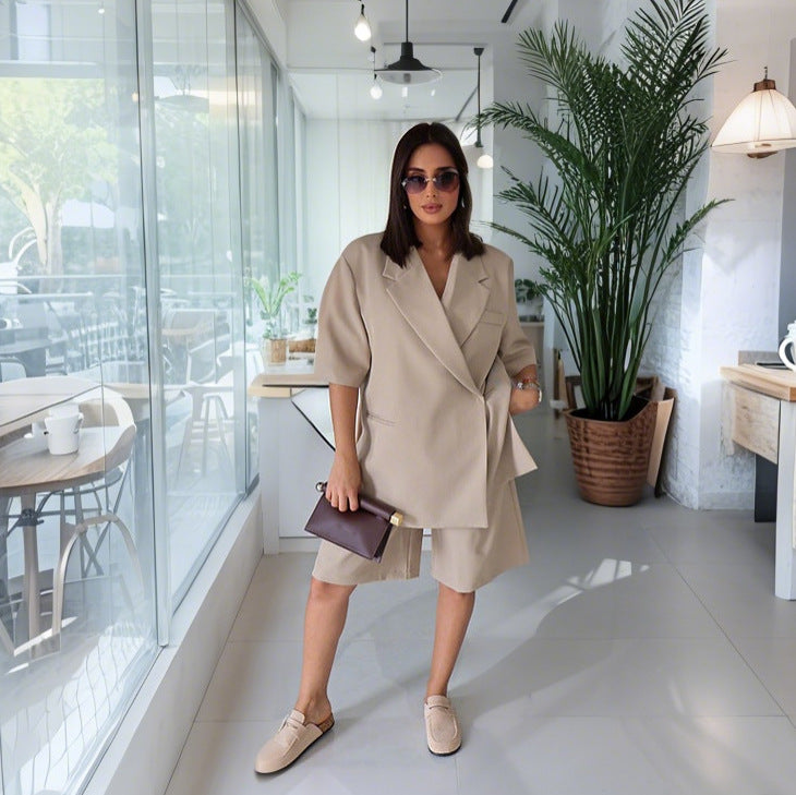 Damen lässiges hochwertiges Oversized Set mit Kurzärmeljacke und Shorts EB