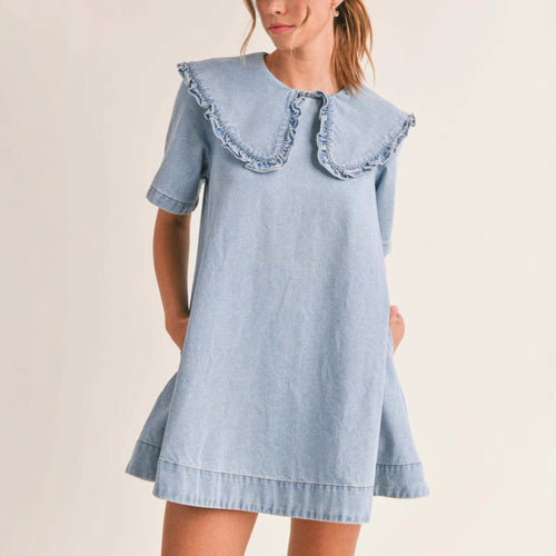 Damen Denim Kleid mit verspieltem Rüschenkragen EB