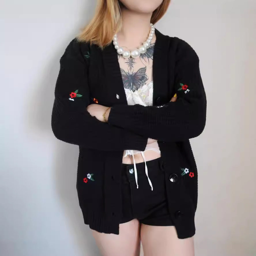 Damen Strickjacke mit buntem Blumenstickereien EB