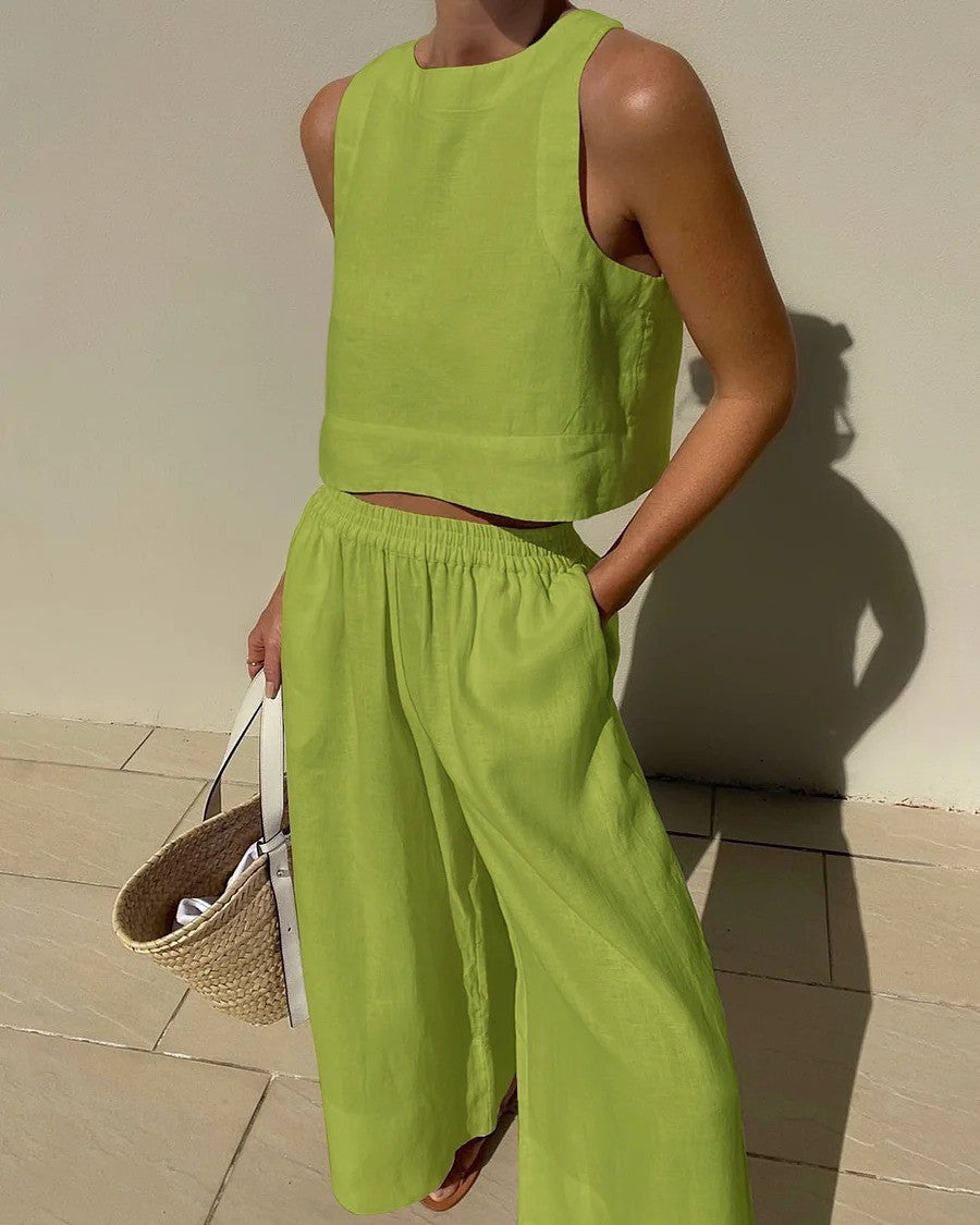 Damen luftiges Leinenoberteil mit weiter Hose EB