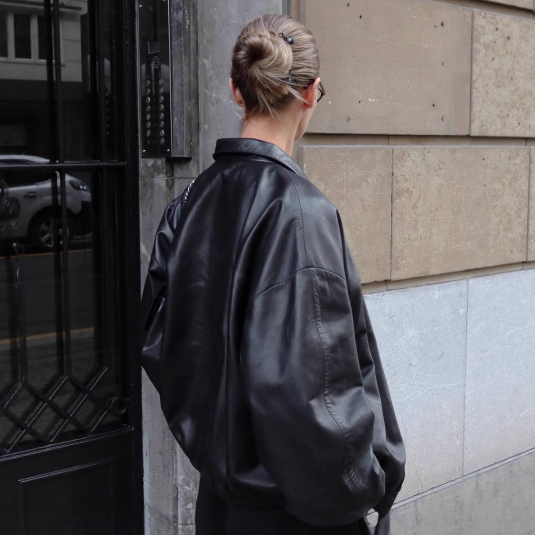 Damen Oversized Kunstlederjacke mit feinen Details und modischem Reißverschluss EB