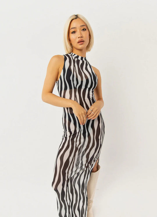 Damen elegantes Maxikleid mit hohem Kragen und fließendem Schnitt EB