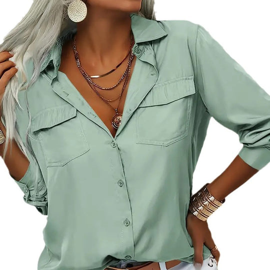 Damen nan leichte V-Ausschnitt Chiffonbluse mit Brusttaschen und geknöpftem Frontverschluss EB