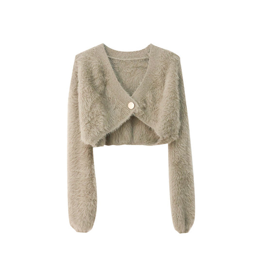 Damen Flauschige Kurzstrickjacke mit V-Ausschnitt und Knopfdetail EB