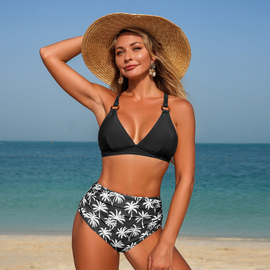 Damen Hoch geschnittenes Bikini-Set mit Tropenmuster EB