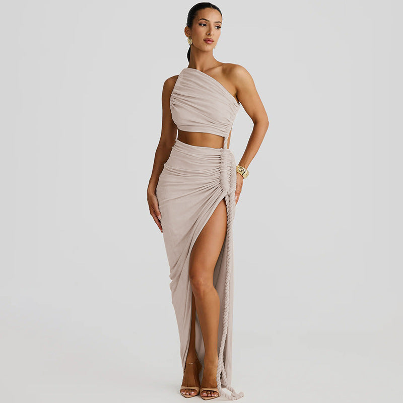Damen Elegantes, einseitiges Maxikleid mit raffinierten Drapierungen EB