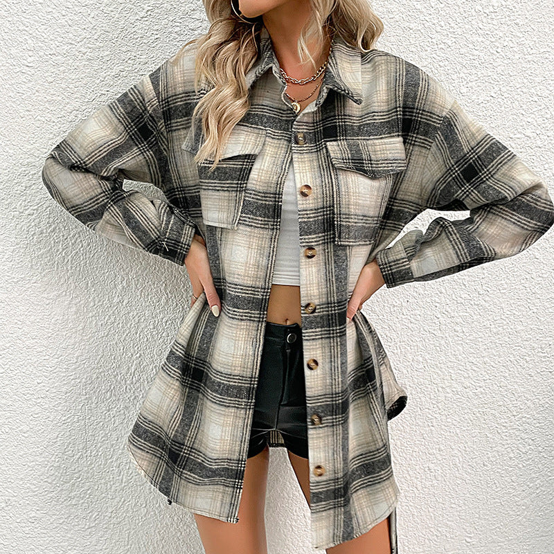 Damen lässige Karo-Hemdjacke mit modischen Knopfdetails und leichter Baumwollqualität EB