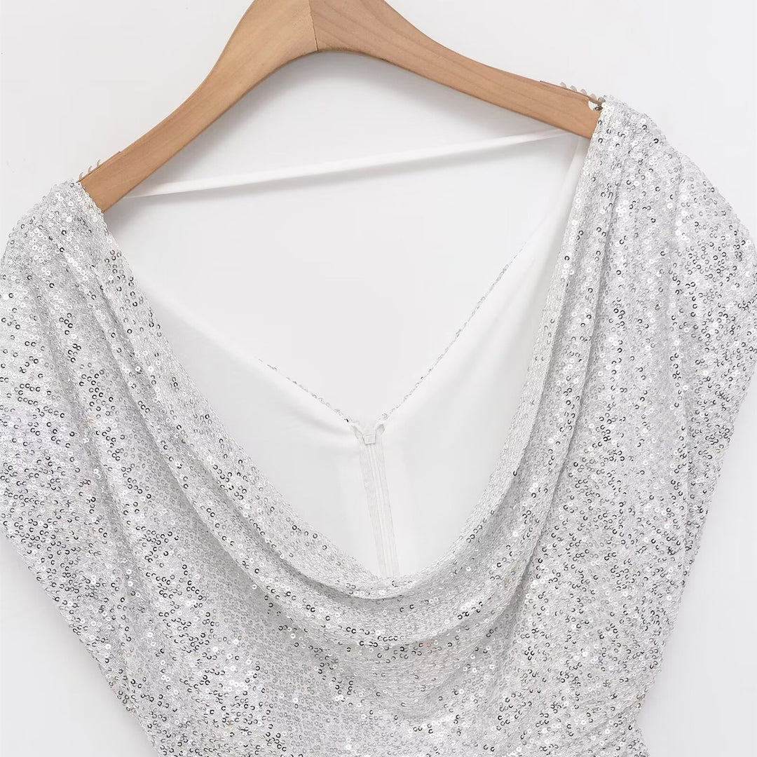Damen kurzärmeliges Abendkleid mit schimmerndem Paillettenbesatz EB