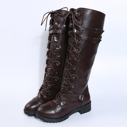 Damen  kniehohe Schnürstiefel mit seitlichem Reißverschluss, verstellbaren Zierriemen und profilierter Gummisohle EB