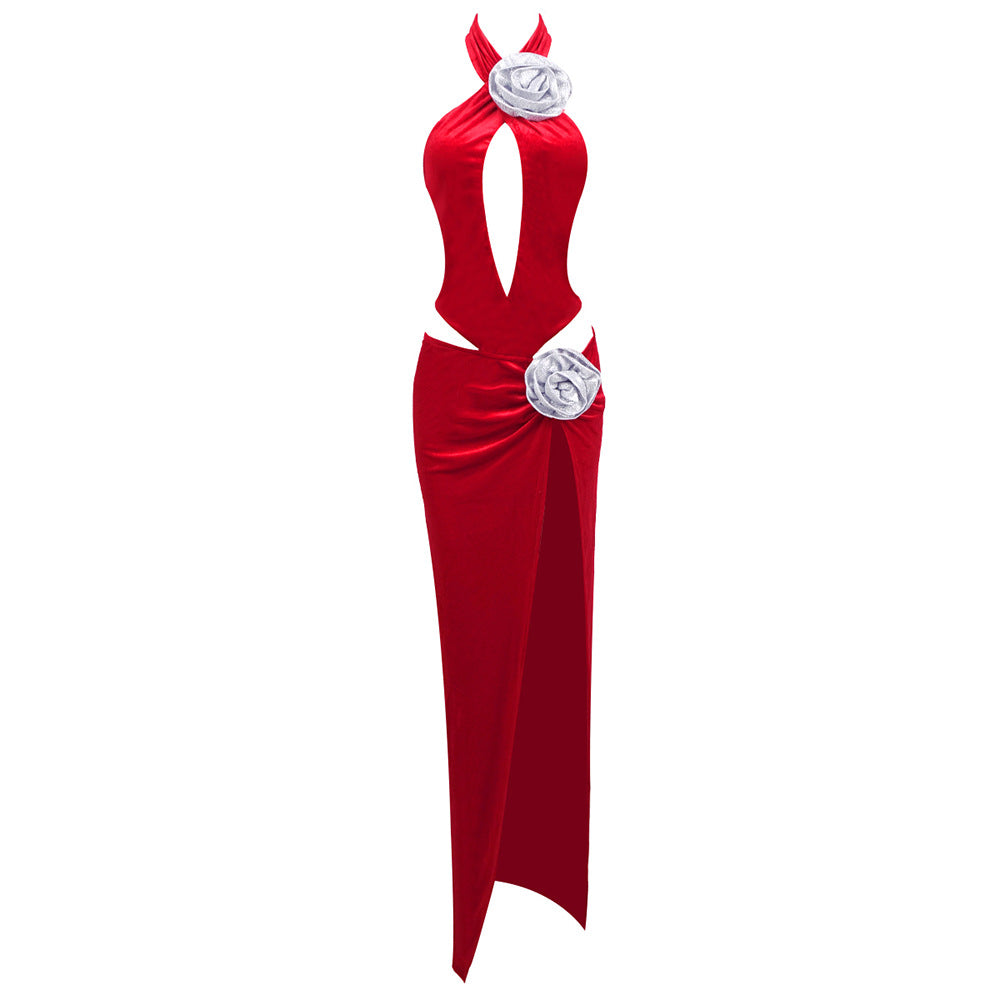 Damen modernes Abendkleid mit unverwechselbarem Cut-Out-Design und dekorativem Blumendetail EB