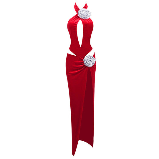 Damen modernes Abendkleid mit unverwechselbarem Cut-Out-Design und dekorativem Blumendetail EB